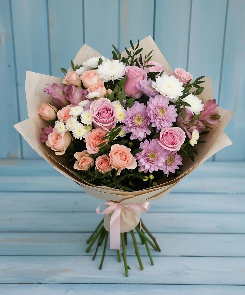 Букет цветов из: Хризантемы, Розы и Альстромерии в Плеханово
