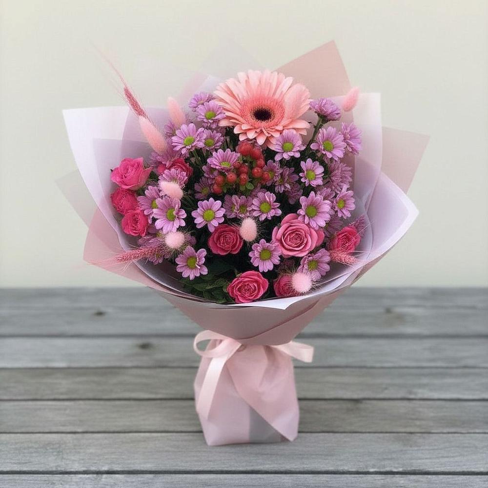 Букет цветов из: Розы, Герберы и Хризантемы в Плеханово