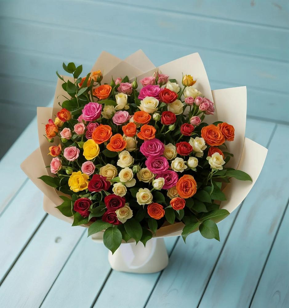 Букет Микс из разноцветных кустовых роз в Плеханово