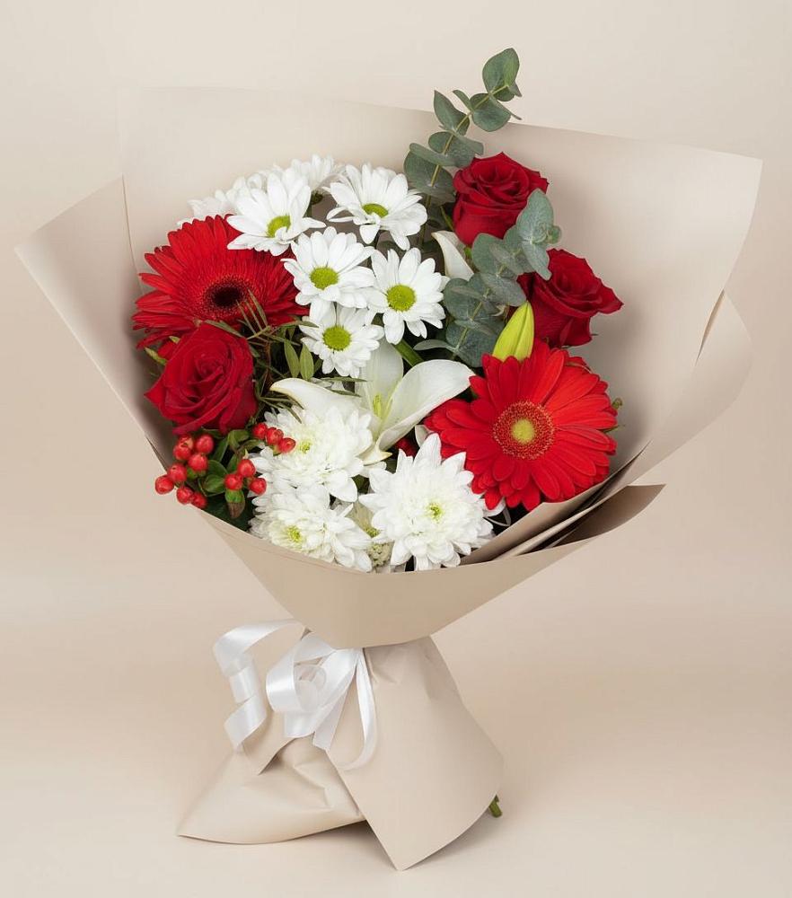 Букет цветов из: Розы, Хризантемы, Герберы и Лилии в Плеханово