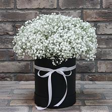 Цветочная композиция из Гипсофила в шляпной коробке в Плеханово