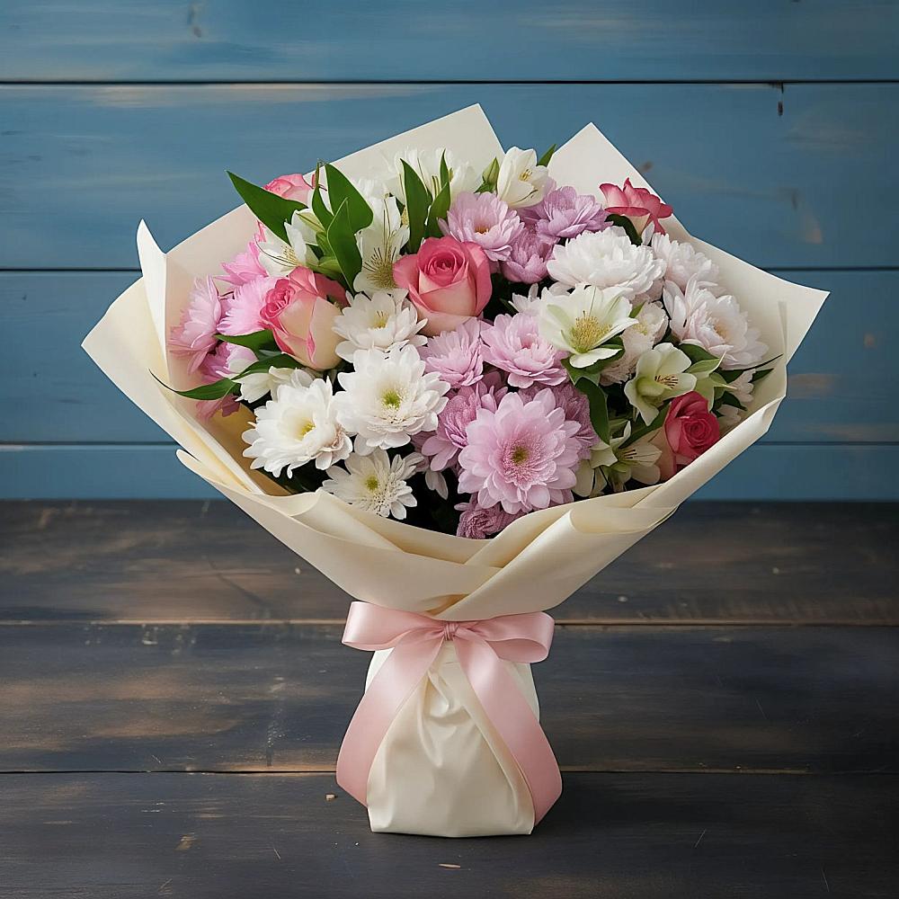 Букет цветов из: Хризантемы, Альстромерии и Розы в Плеханово